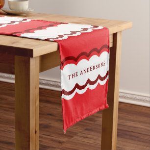 Red and White Scalloped Stripe with Custom Name Long Table Runner