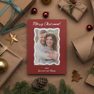 Red and White Scalloped Wavy Lines Frame Photo Holiday Card