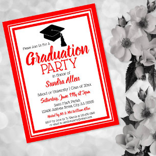 Red and White School Colors Grad Party Invitation Postcard