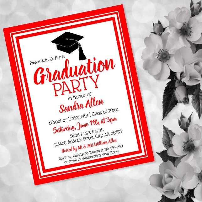 Red and White School Colors Grad Party Invitation Postcard (Creator Uploaded)