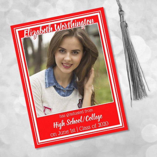 Red and White School Colors Photo Graduation Announcement Postcard (Creator Uploaded)