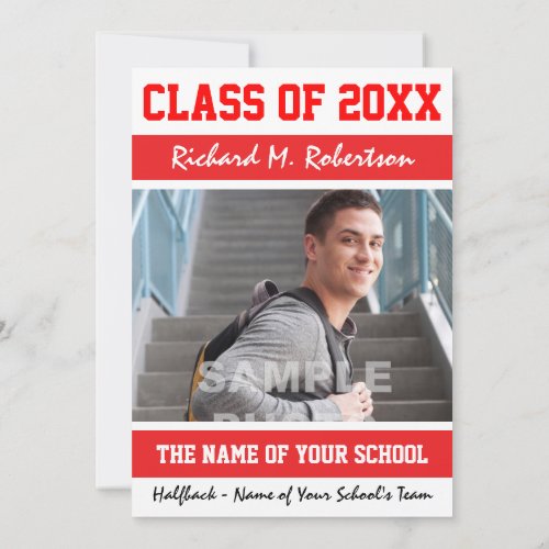 Red and White School Colors Sports Graduation 5x7 Paper Invitation Card