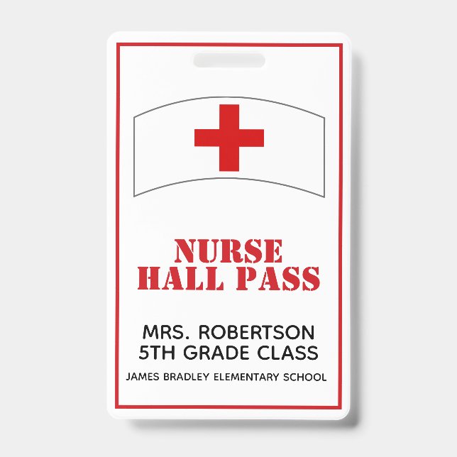 Red and White School Nurse Hall Pass Badge (Front)