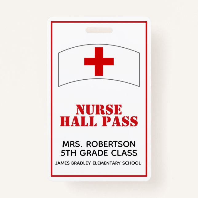 Red and White School Nurse Hall Pass Badge (Front)