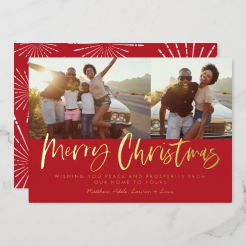 Red and white script merry Christmas multi photo Foil Holiday Card