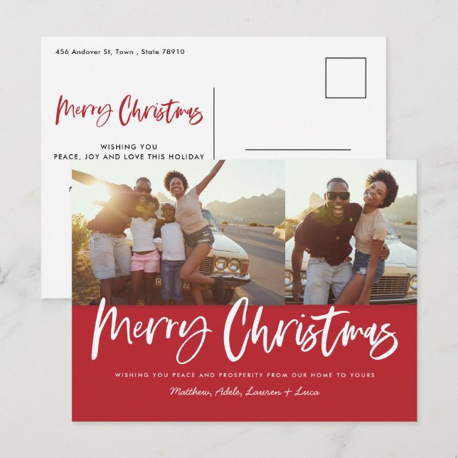 Red and white script merry Christmas multi photo H Holiday Postcard (Front/Back)