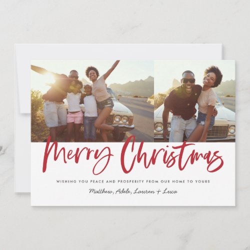 Red and white script merry Christmas multi photo Holiday Card