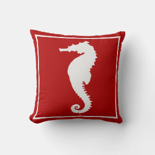 Red and White Seahorse Coastal Nautical Beach Thro Throw Pillow
