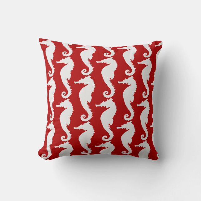 Red and White Seahorse Nautical Beach Pool Throw Pillow (Front)
