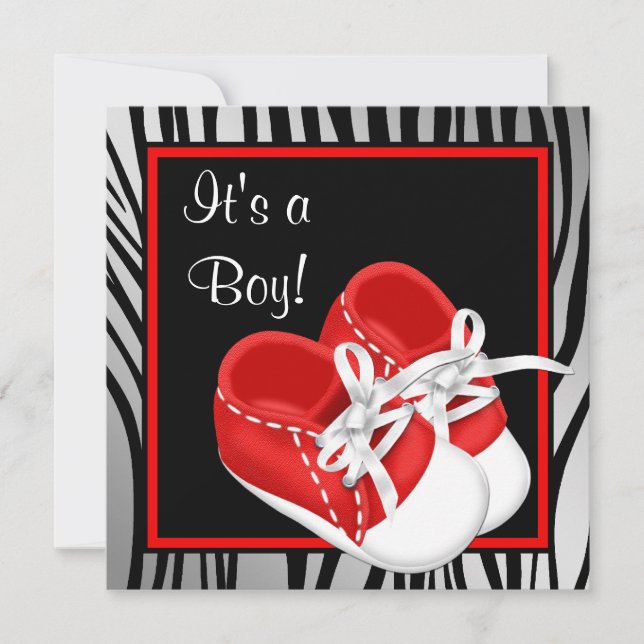 Red and White Shoes Red Zebra Baby Boy Shower Invitation (Front)