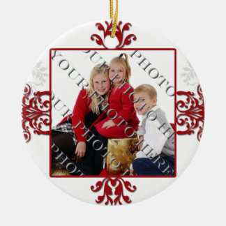 Red and White Silver Damask Photo Ceramic Ornament