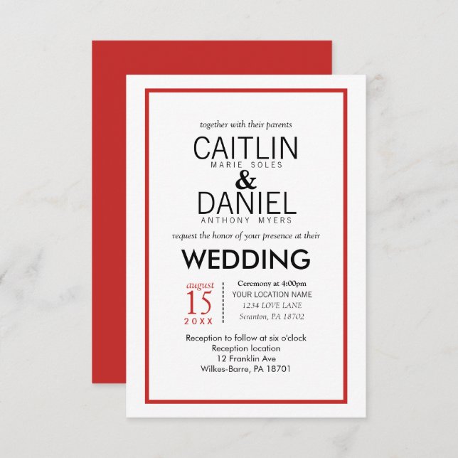 Red and White Simple Border Wedding Invite (Front/Back)