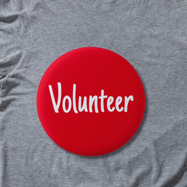 Red and White Simple Volunteer Button (Red volunteer pin button badge with white letters.)
