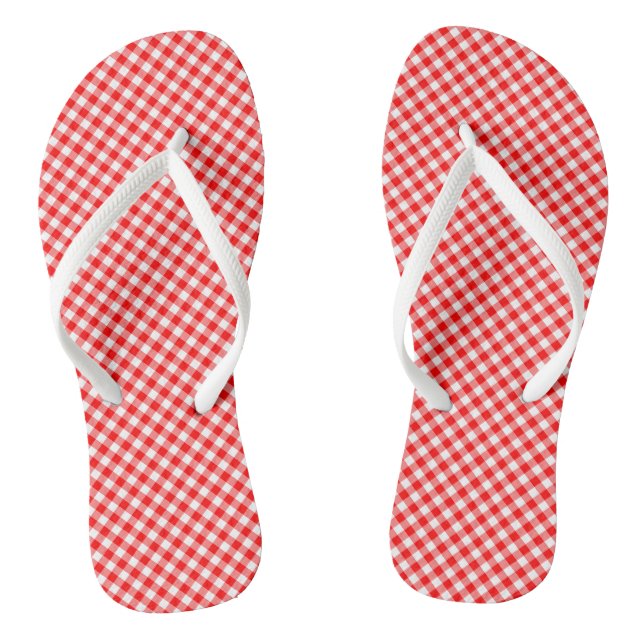 Red and White Small Size Diagonal Gingham Checks Flip Flops (Footbed)