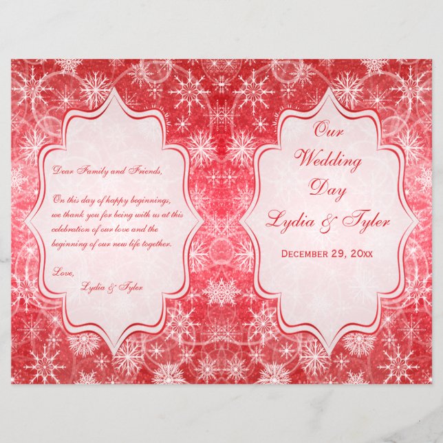 Red and White Snow Flakes Wedding Program (Front)