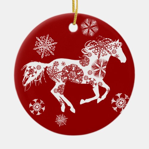 Red and White Snowflake Christmas Horse Ceramic Ornament