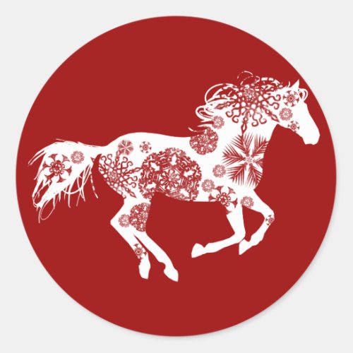 Red and White Snowflake Christmas Horse Classic Round Sticker