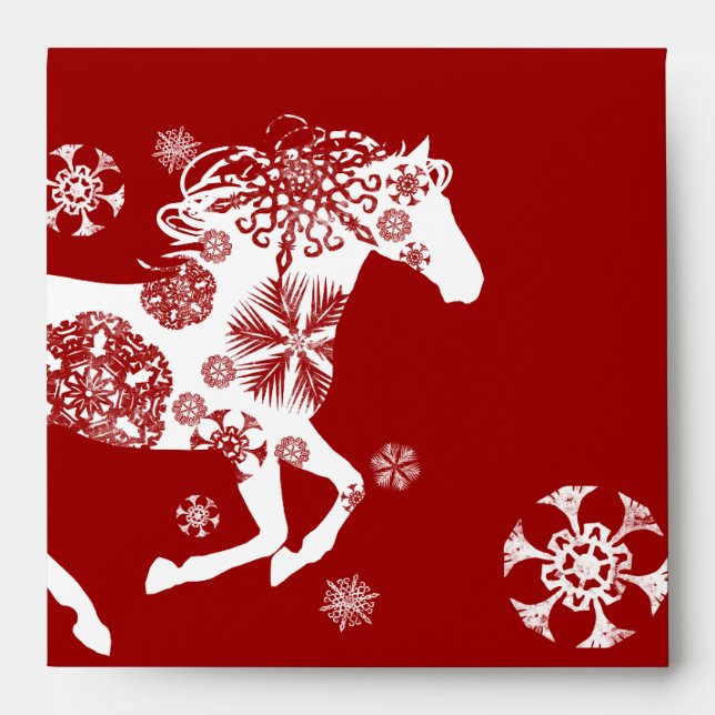 Red and White Snowflake Christmas Horse Envelope (Front)