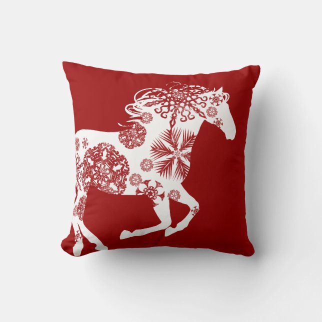 Red and White Snowflake Christmas Horse Throw Pillow (Front)