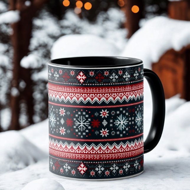 Red And White Snowflake Christmas Sweater Pattern Mug (Creator Uploaded)