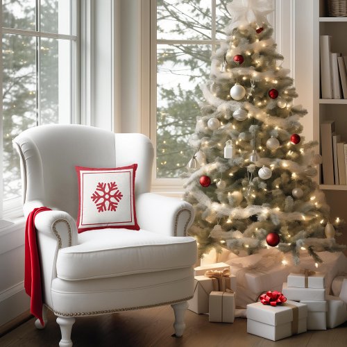 Red and White Snowflake Christmas Throw Pillow