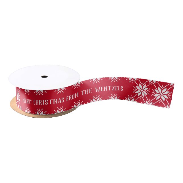 Red and White Snowflake Custom Merry Christmas Satin Ribbon (Spool)
