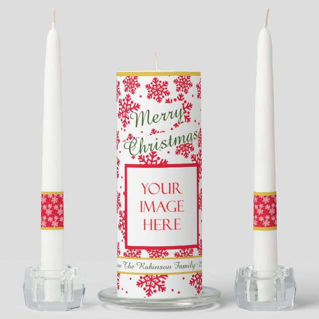 Red and White Snowflake Pattern Photo Template Unity Candle Set (Front)