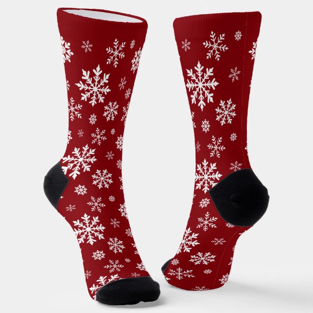 Red And White Snowflake Pattern Winter Design Socks (Angled)