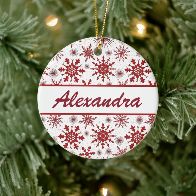 Red And White Snowflake Pattern With Name Ceramic  Ornament (Tree)