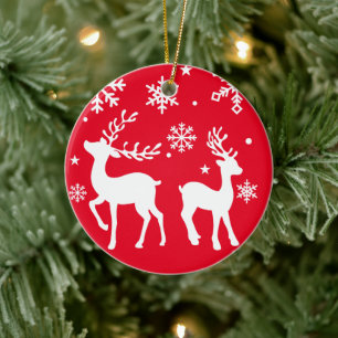Red and White snowflake reindeer Merry Christmas Ceramic Ornament