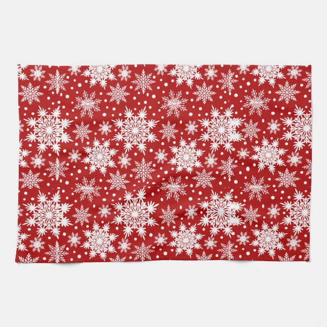 Red and White Snowflake Seamless Pattern  Kitchen Towel (Horizontal)