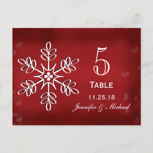 Red and White Snowflake Wedding Table Number Cards