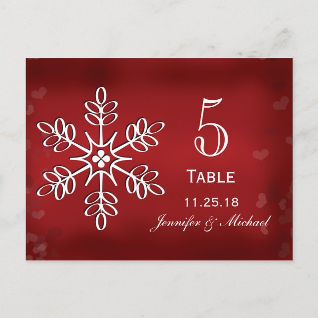 Red and White Snowflake Wedding Table Number Cards (Front)