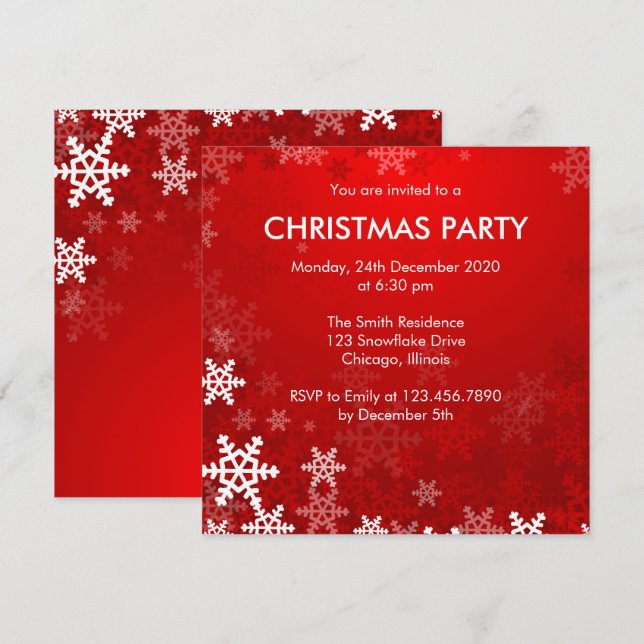 Red and White Snowflakes Christmas/Holiday Party Invitation (Front/Back)