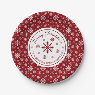 Red And White Snowflakes Custom Christmas Party Paper Plates