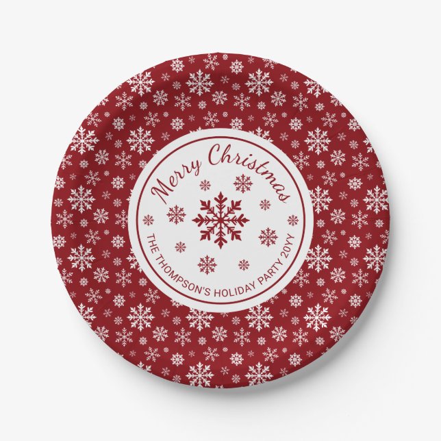 Red And White Snowflakes Custom Christmas Party Paper Plates (Front)