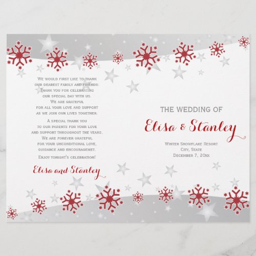 Red and white snowflakes folded wedding program