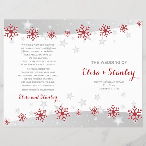 Red and white snowflakes folded wedding program