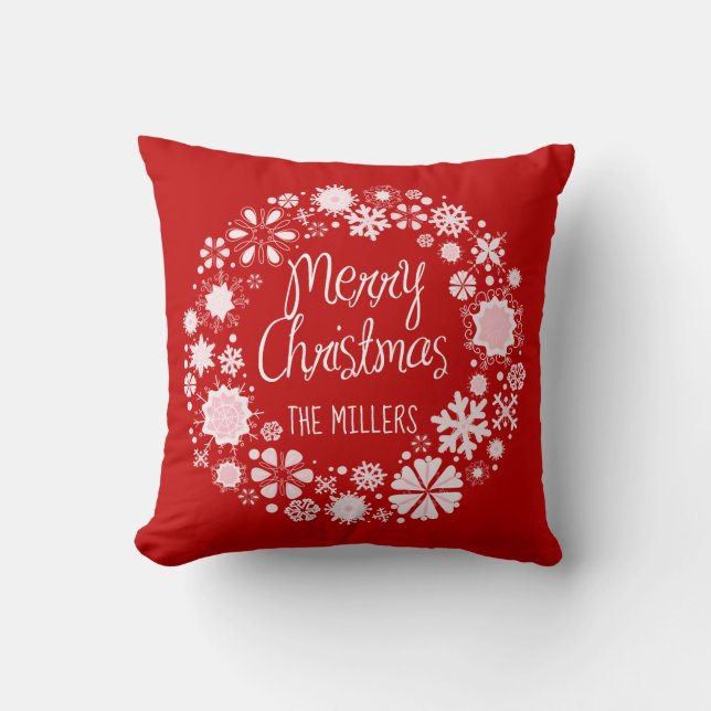 Red and White Snowflakes Frame Holiday Throw Pillow (Front)