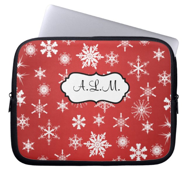 Red and White Snowflakes Laptop Sleeve (Front)