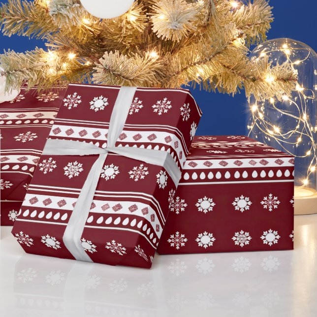 Red and White Snowflakes Modern Christmas Wrapping Paper (Holidays)