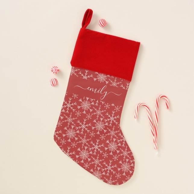 Red and White Snowflakes Personalized Christmas Stocking (Front)
