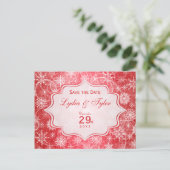 Red and White Snowflakes Save the Date Card (Standing Front)