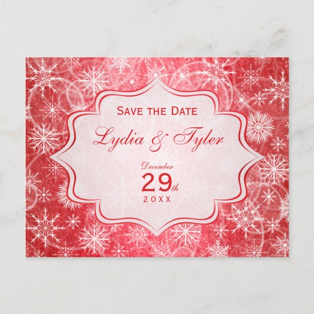 Red and White Snowflakes Save the Date Card (Front)