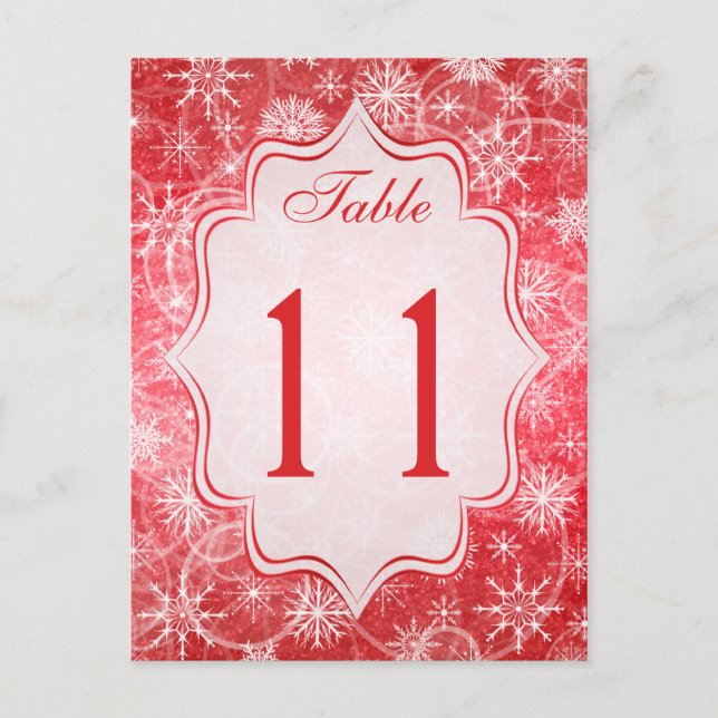 Red and White Snowflakes Table Number Card (Front)