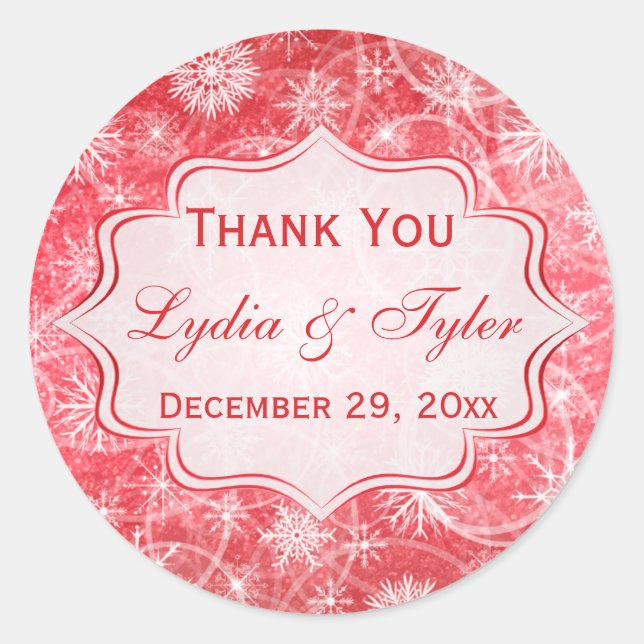 Red and White Snowflakes Wedding Favor Sticker (Front)