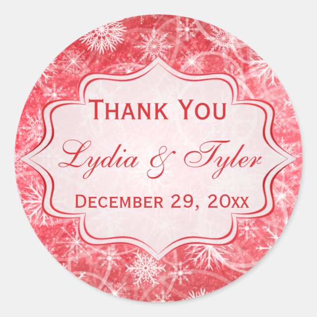 Red and White Snowflakes Wedding Favor Sticker (Front)