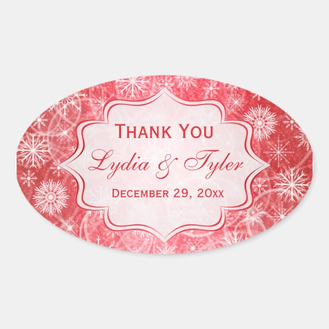 Red and White Snowflakes Wedding Favor Sticker (Front)