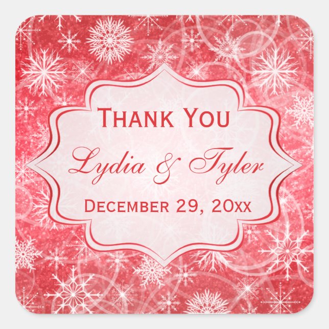 Red and White Snowflakes Wedding Favor Sticker (Front)