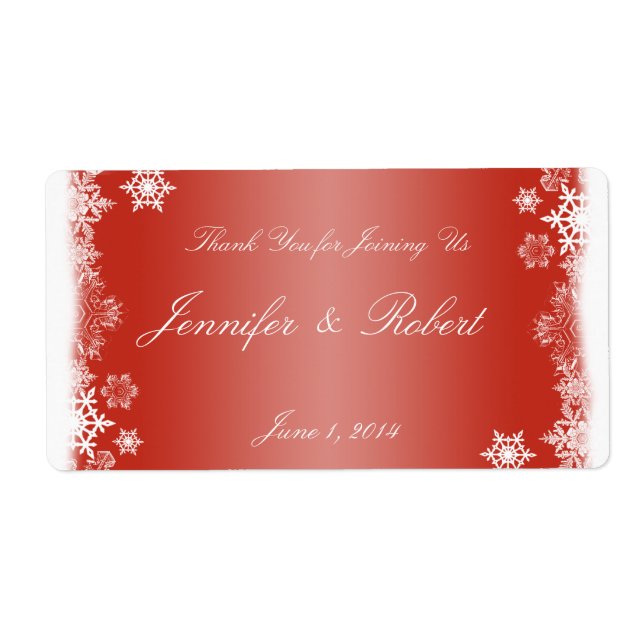 Red and White Snowflakes Wedding Water Label (Front)